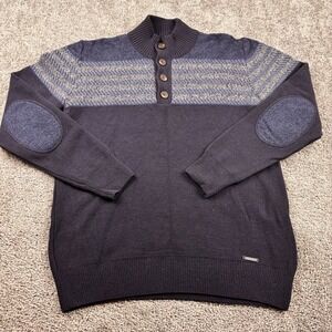La Martina Sweater Men's L Navy Wool Blend Elbow Patches Henley Button‎